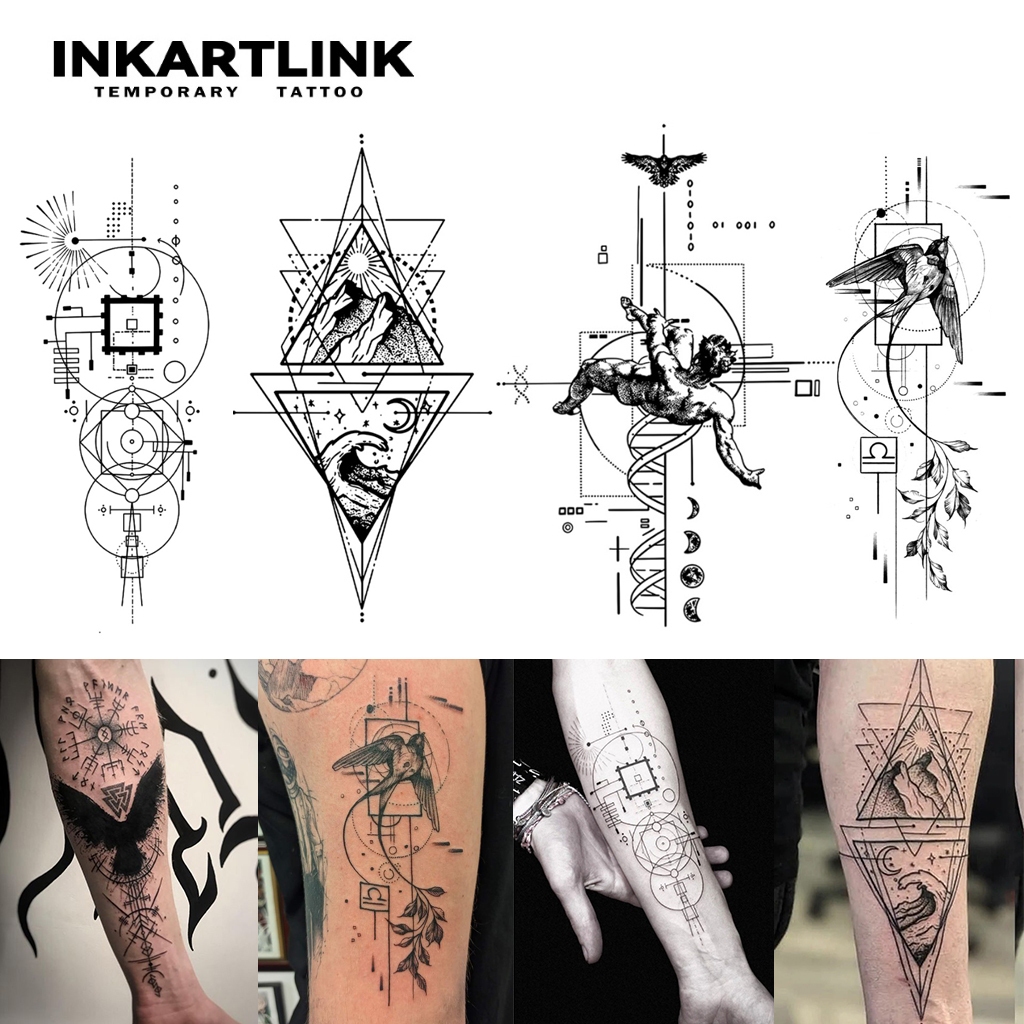 Inkartlink Long Minimal Lines Arm สติ๊กเกอร์รอยสักชั่วคราวสําหรับผู้ชาย, Big Waterproof Long-lasting Hand Magic Tattoo, Lasts ถึง 15 วันสักปลอม, ชุดสักกึ่งถาวร