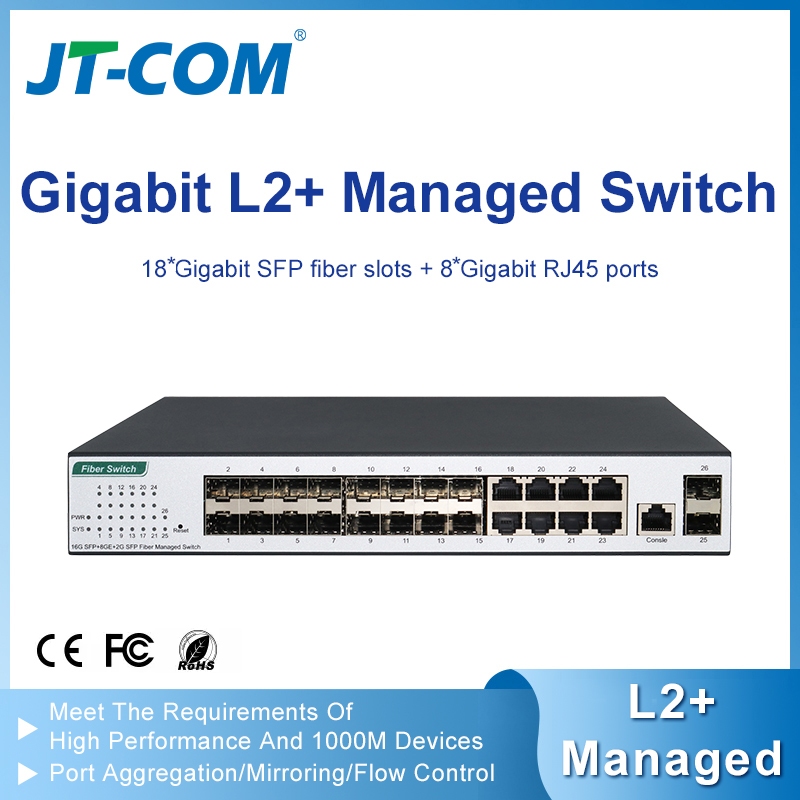 JT-COM 18-Port Managed Gigabit Fiber Switch (พอร์ต SFP 18 พอร์ต + ทองแดง RJ45 8 ตัว) | L2+ สวิตช์องค