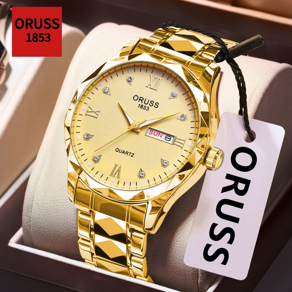 ORUSS Original Mens Stainless Steel Dual Calendar Luxury Temperament Waterproof Gold Watch Fashion K