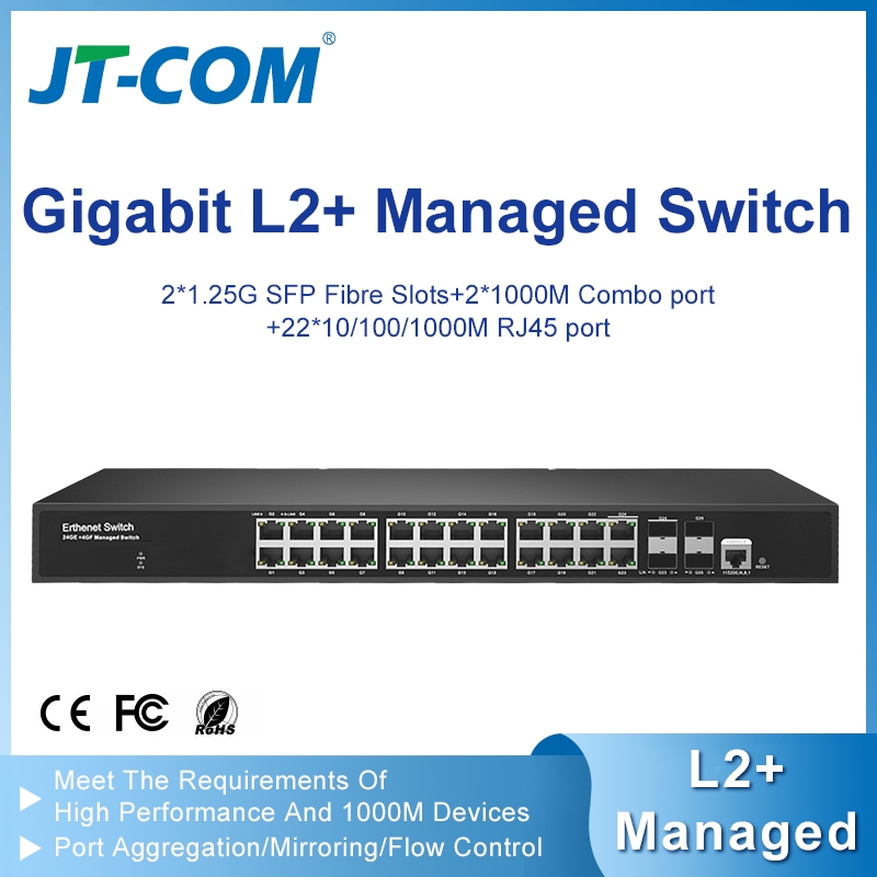 JT-COM 26-Port Gigabit L2+ Managed Switch | 22 x RJ45 + 2 x SFP Uplink + พอร์ตคอมโบ 2 x | VLAN/QoS/A