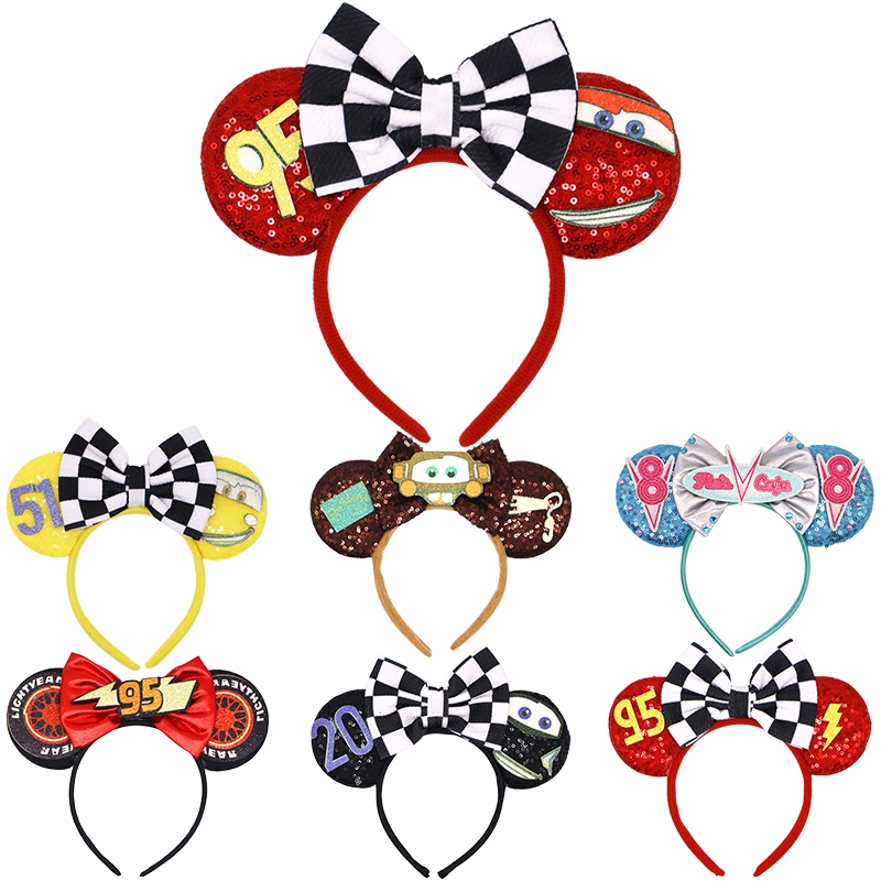 Disney Anime Movie Cars Themed Headband 95 Car Sequin Plaid Bow Mickey Headband