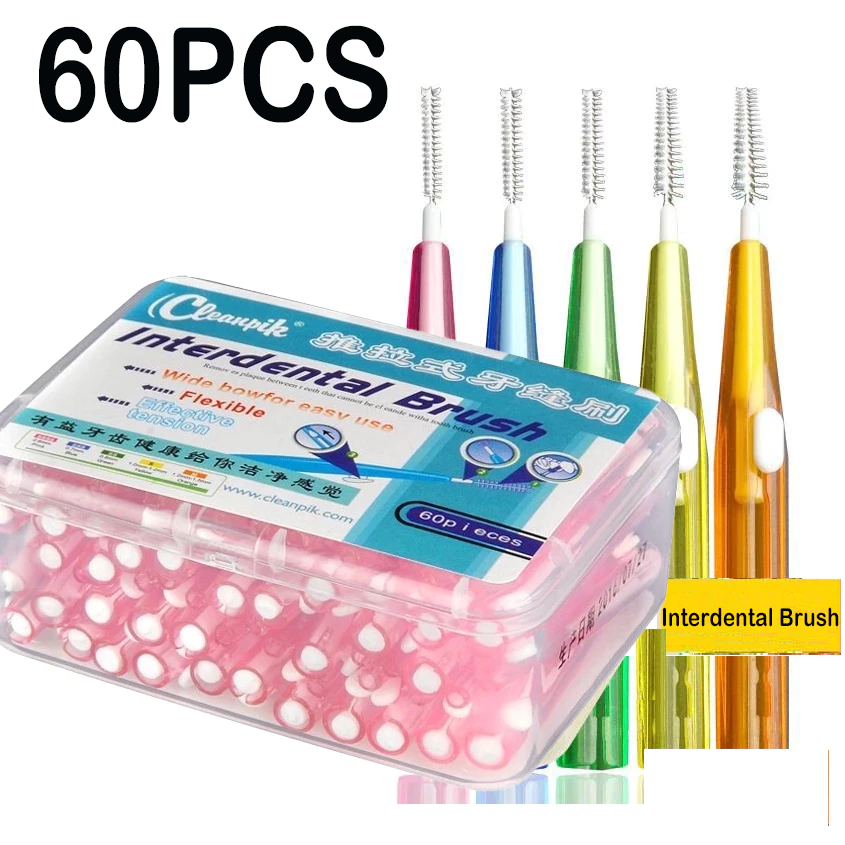 60 ชิ้น I-shape Interdental แปรง Push-pull แปรงสีฟันจัดฟัน 0.6 มม.-1.5 มม.พร้อมกล่องขนแปรงนุ่มแบบใช้ซ้ําได้สําหรับทําความสะอาดระหว่างฟันจัดฟัน