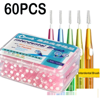60 ชิ้น I-shape Interdental แปรง Push-pull แปรงสีฟันจัดฟัน 0.6 มม.-1.5 มม.พร้อมกล่องขนแปรงนุ่มแบบใช้ซ้ําได้สําหรับทําความสะอาดระหว่างฟันจัดฟัน