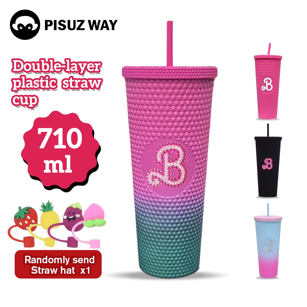 Pisuz Way Barbiepink กีฬากลางแจ้ง High-Looking 710ML ถ้วยน้ําพลาสติกสองชั้นขวดน้ําฟาง Unisex ถ้วยน้ําทุเรียน