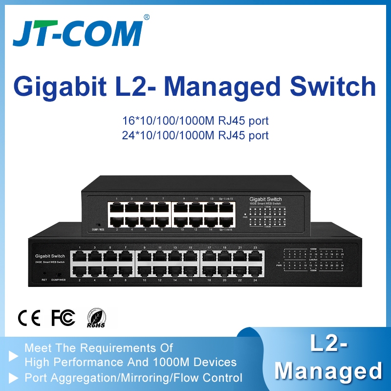 JT-COM 16-Port Gigabit Managed Switch And 24 Port Network Switch Support  VLAN ขั้นสูง, QoS, RSTP L2
