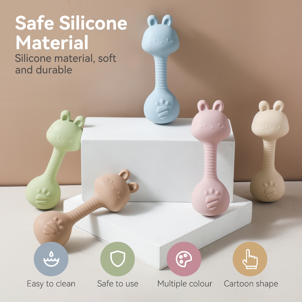 ทารกซิลิโคนค้อนทราย Rattle ยางกัดของเล่น Baby Grip การฝึกอบรมมือ Rattle การออกกําลังกาย Auditory Chewable ของเล่นกระต่ายและเป็ด