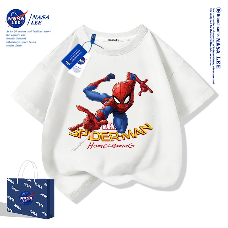 【จัดส่งภายใน 48 ชั่วโมง】เสื้อยืดคอกลมแขนสั้น NASA สไตล์อเมริกันสุดเท่ ผ้าฝ้ายขาวคุณภาพสูง พิมพ์ลายสไปเดอร์แมน (Spider-Man) ดีไซน์เก๋ไก๋ ใส่ได้ทั้งเด็กชายและเด็กหญิง