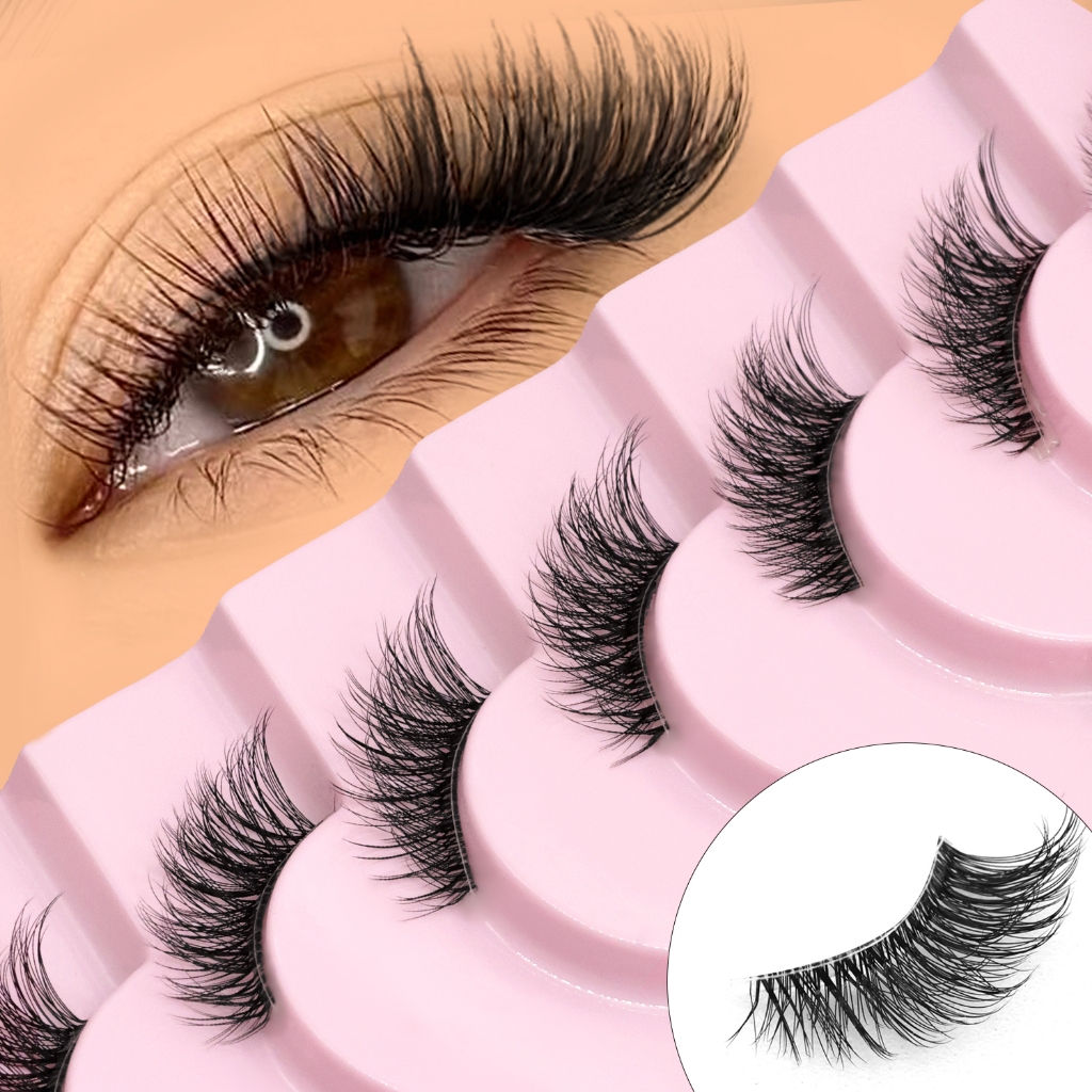 GROINNEYA ขนตาปลอมธรรมชาติ Half Lashes สั้น Wispy Clear Band Lashes Pack 7 คู่ Multipack