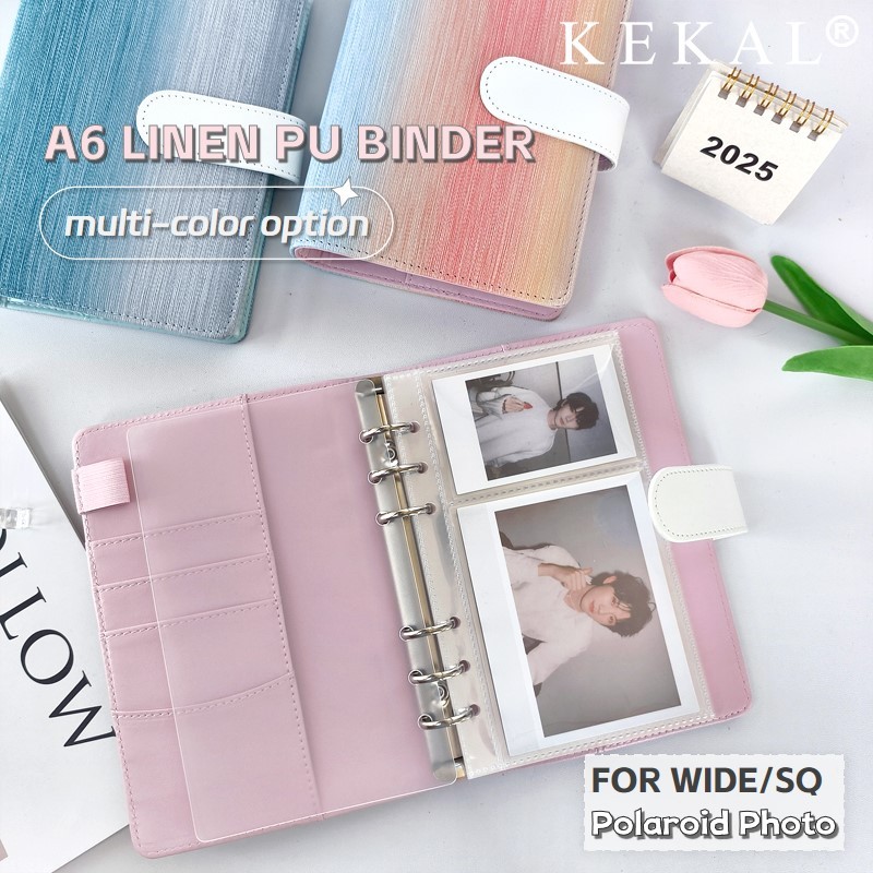 A6 6 แหวนผ้าลินิน Finish PU หนังสายรุ้งสี Photocard Binder ใบหลวมรีฟิล K-POP อัลบั้มรูปรวบรวมหนังสือ Instax MINI กว้าง SQ ตั๋ว Photo Storage Journal book