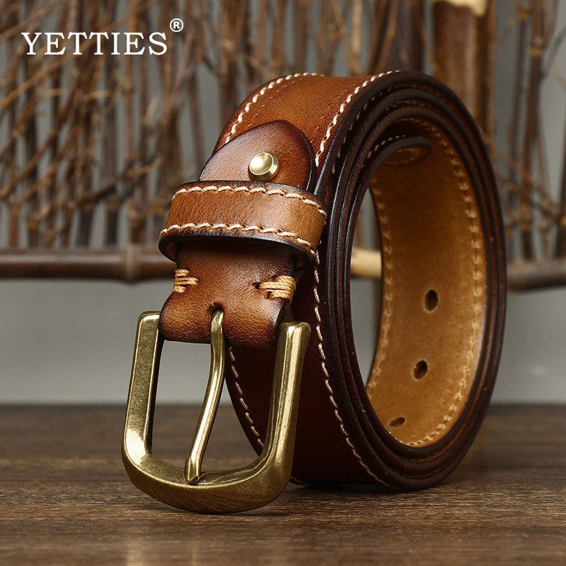 YETTIES 3.8เซนติเมตร หนังวัว บริสุทธิ์ที่มีคุณภาพสูงเข็มขัดหนังแท้สําหรับผู้ชายเวอร์ชั่นเกาหลีสายชายทองเหลืองหัวเข็มขัดแฟนซีวินเทจกางเกงยีนส์คาวบอย