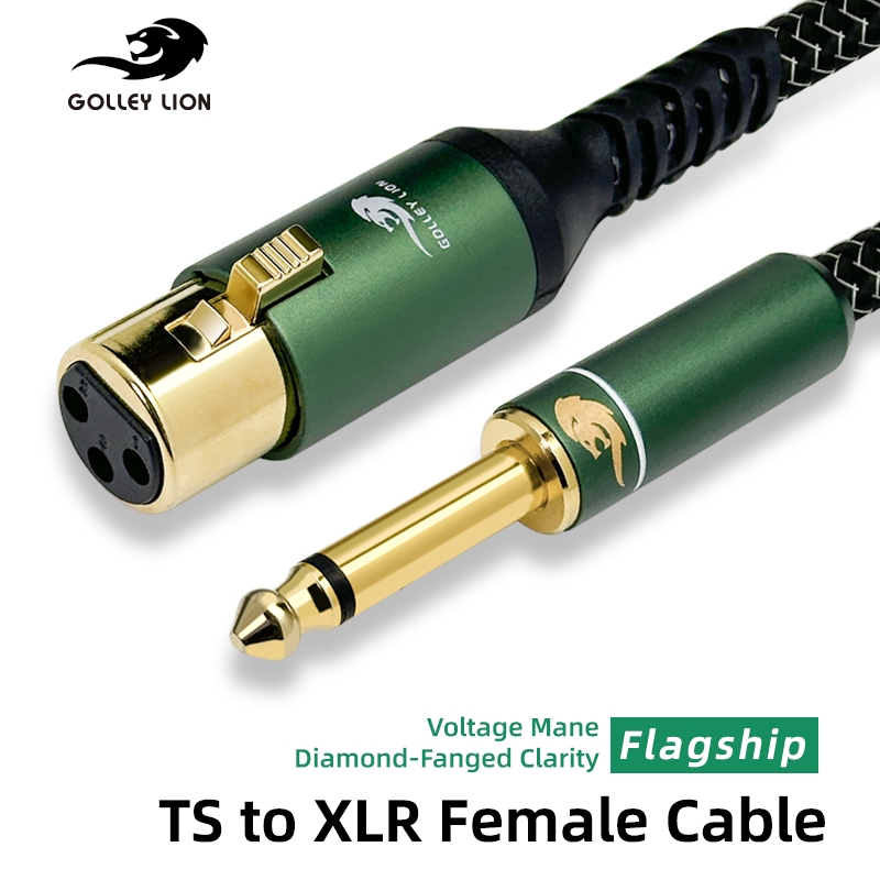 สายไมโครโฟน GOLLEY LION, สายเคเบิลขนาด 6.35 มม. TS ถึง XLR ตัวเมีย, สายเคเบิลไม่สมดุลทองแดงแบบยึดสีเงิน