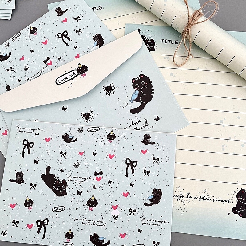 8ชิ้น/เซ็ต น่ารัก แมวดําซองจดหมายกับแผ่นจดหมาย ทําเอง จดหมายรักเขียนกระดาษของขวัญห่อวันเกิดแต่งงานบัตรเชิญโปสการ์ดการ์ดอวยพรปก