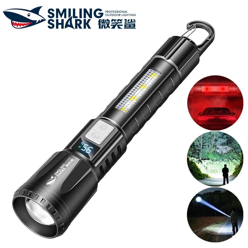 SmilingShark SD5385 ไฟฉาย led P50 5500LM พร้อมไฟเตือนสีแดงและสีน้ำเงิน ไฟคบเพลิง สว่างมาก ซูมได้ 6 โหมด Type-C แบบชาร์จได้ การออกแบบเบ็ด กันน้ำสำหรับการตั้งแคมป์