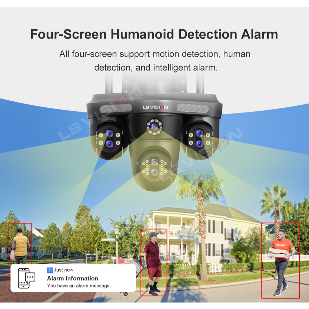 ​LS VISION 8MP 3 PTZ 360° 7 เลนส์ 10Xzoom กล้องเฝ้าระวังกันน้ํา 7 เลนส์ 4 หน้าจอ Sync IR/Color Night Vision Motion Alarm Outdoor Ready​