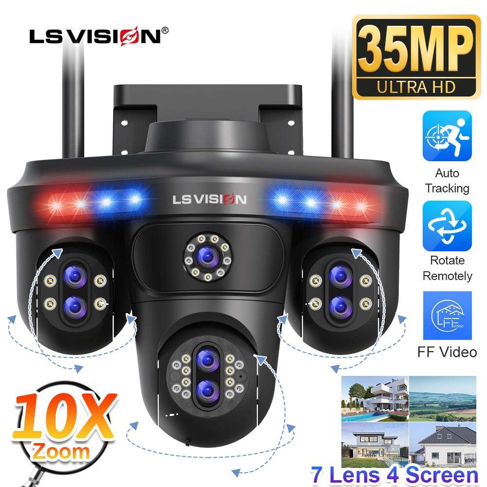 ​LS VISION 8MP 3 PTZ 360° 7 เลนส์ 10Xzoom กล้องเฝ้าระวังกันน้ํา 7 เลนส์ 4 หน้าจอ Sync IR/Color Night Vision Motion Alarm Outdoor Ready​