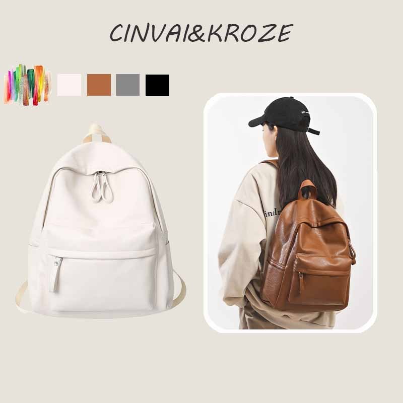 CINVAI&KROZE กระเป๋าเป้กันน้ำ Pu สีทึบ กระเป๋าเป้หลากสี สไตล์เดียวกันสำหรับผู้ชายและผู้หญิง