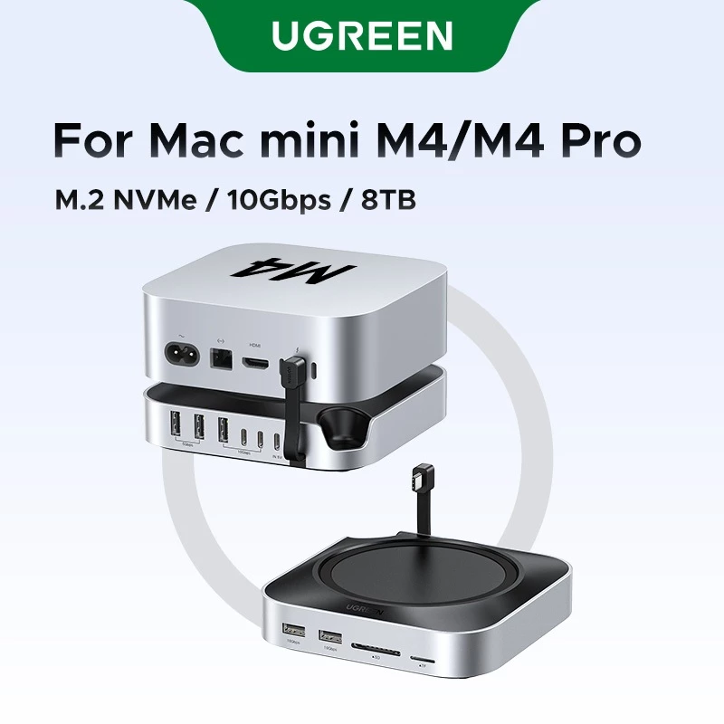 UGREEN USB HUB Docking Station สําหรับ Mac Mini M4 M4 Pro M.2 NVMe SSD 8TB สูงสุด 10Gbps พอร์ต USB-A & C SD & TF 170 เมกะไบต์/วินาที USB Splitter Dock