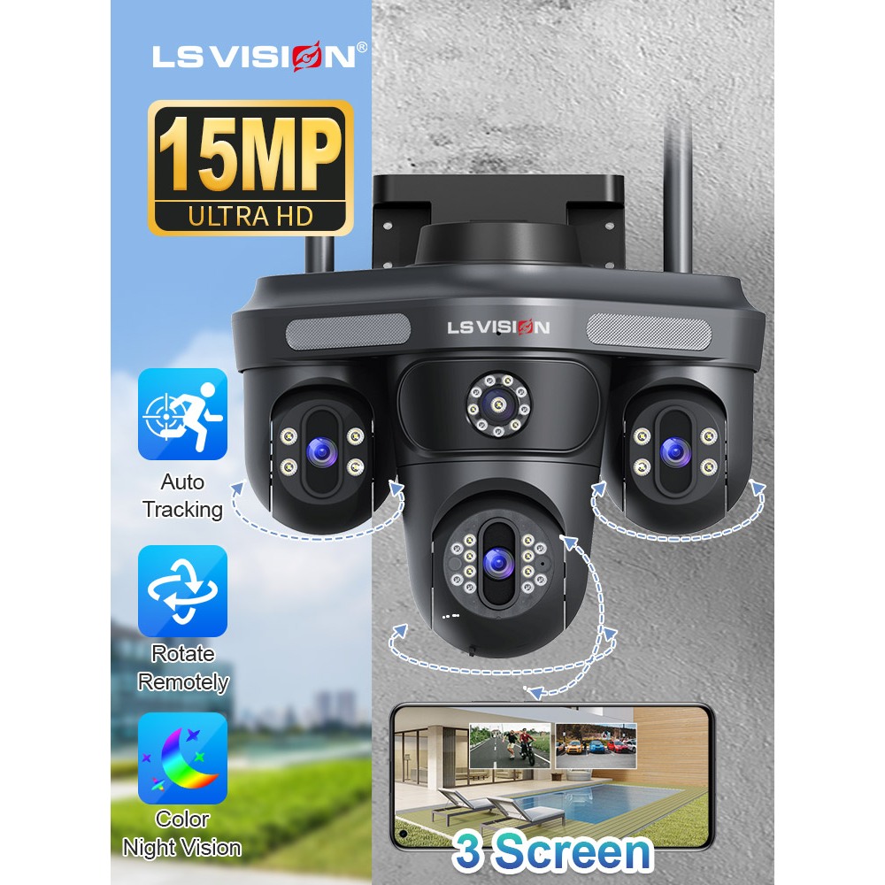 LS VISION 15MP กล้องวงจรปิด WiFi 3 เลนส์ 360° PTZ การติดตามอัตโนมัติ Dual Light Night Vision (IR + สีขาว) Human Detection Cloud TF Storage, กล้องรักษาความปลอดภัย IP กันน้ํากลางแจ้ง​​