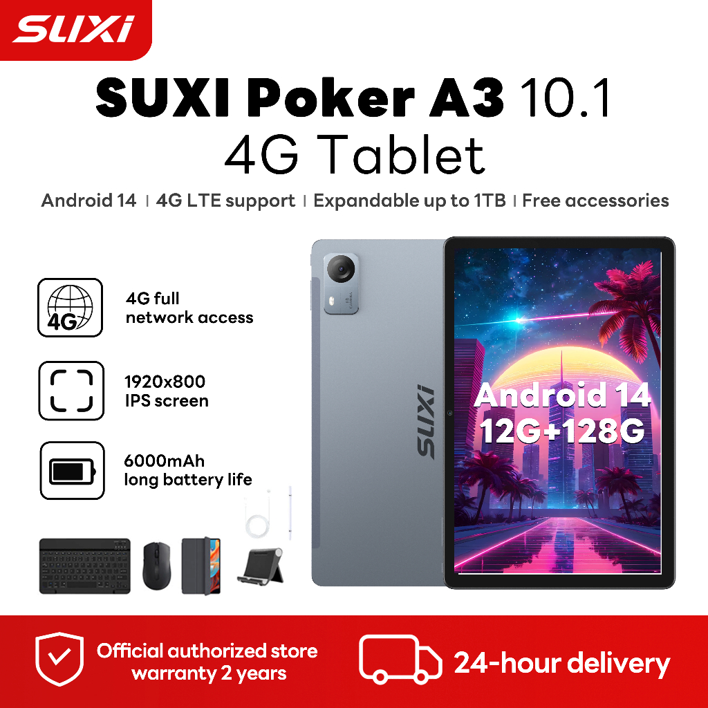 SUXI A3 Poker Tablet pad 12+128GB 5G Dual Sim แท็บเล็ตใหม่ Android 14 สําหรับเด็ก 10.1 นิ้ว  COD