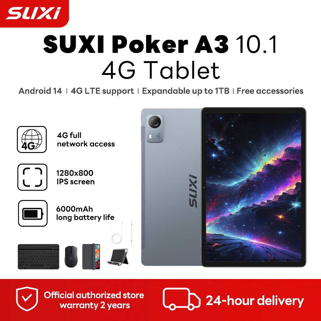 Suxi Poker A3 10.1 นิ้ว IPS SCREEN หน้าจอ Unisoc T606 12+128GB  แท็บเล็ต   Android 14 แท็บเล็ต COD