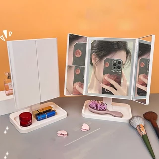 Smart LED Makeup Mirror กระจกแต่งหน้า ไฟ LED กระจกตั้งโต๊ะ 3สี แบตเตอร์รี่ 1200mAh ระบบสัมผัส ดีไซน์พับได้ 3 ตอน กระจกคมชัดระดับ 4K
