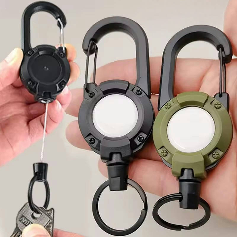 Retractable Heavy Duty Pull Reel Carabiner พวงกุญแจลวดเหล็กที่แข็งแกร่งเชือกหัวเข็มขัดแหวนกุญแจเครื่องมือกีฬากลางแจ้ง
