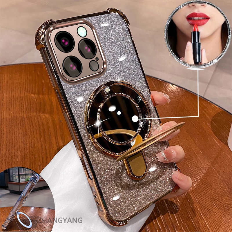 เคสโทรศัพท์สําหรับiPhone 15 Pro Max 15 Plusความงามแฟลชไฟฟ้าความงามเคสโทรศัพท์พร้อมกระจกผลที่วางโทรศัพท์ซิลิโคนTPUกันกระแทก
