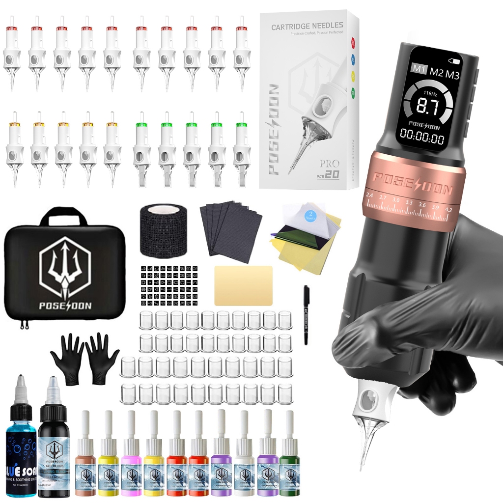 POSEIDON Tattoo Pen Kit- เครื่องสักไร้สายพร้อมจอแสดงผล LED ดิจิตอลและแหล่งจ่ายไฟความจุ 2300mAh, ปากกาสัก 20 ชิ้นตลับเข็มสักสําหรับศิลปิน