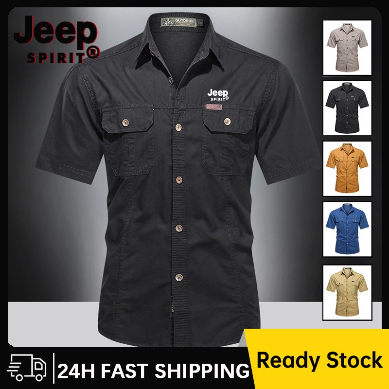 Jeep SPIRIT เสื้อเชิ้ตแขนสั้นผู้ชายกลางแจ้งสีดํา