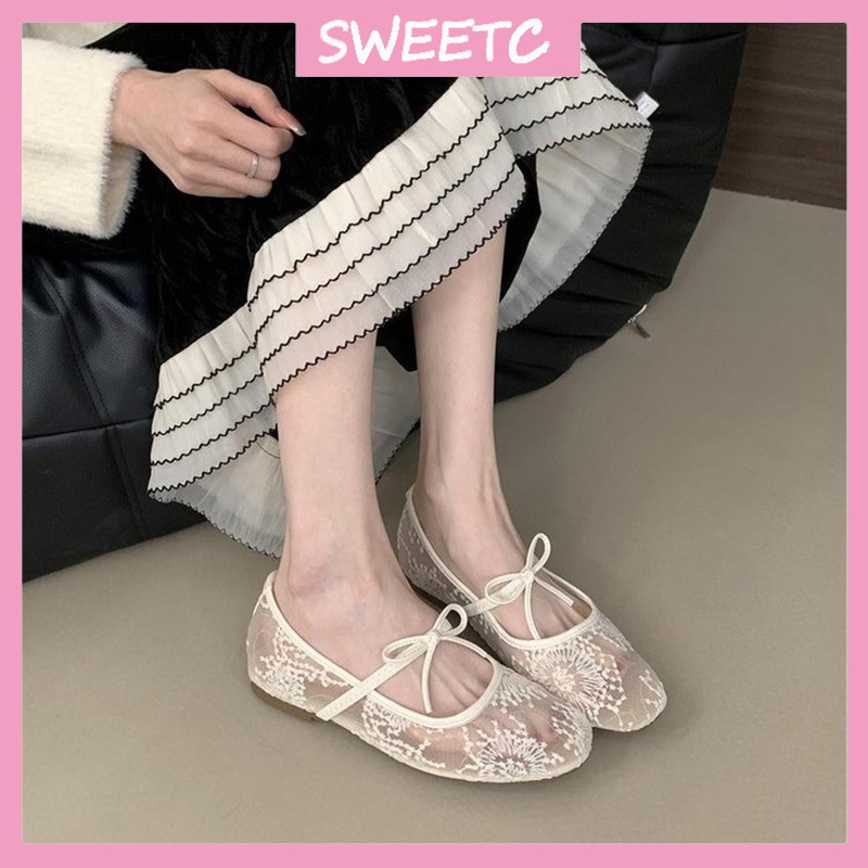 รองเท้า Mary Jane สำหรับผู้หญิง หัวกลม ปักลูกไม้ ทรงบัลเล่ต์