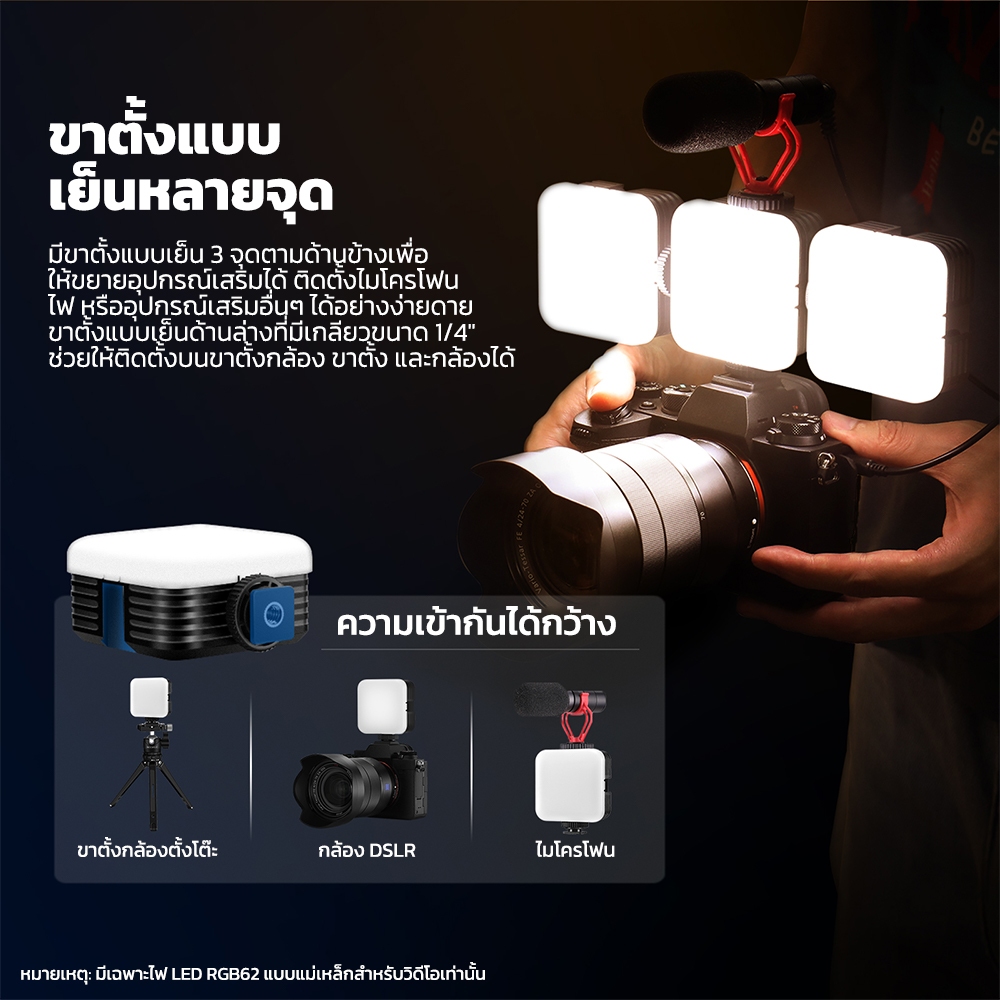 NEEWER RGB62 ไฟ LED RGB แบบแม่เหล็กสำหรับวิดีโอพร้อมการควบคุมด้วยแอพที่อัปเกรด ไฟ LED สำหรับกล้องแบบสีเต็ม 360° พร้อมรองเท้าระบายความร้อน 3 ตัว CRI97+ 2500K-8500K 17 ฉาก ไฟถ่ายภาพแบบพกพาที่ชาร์จไฟได้ 2000mAh