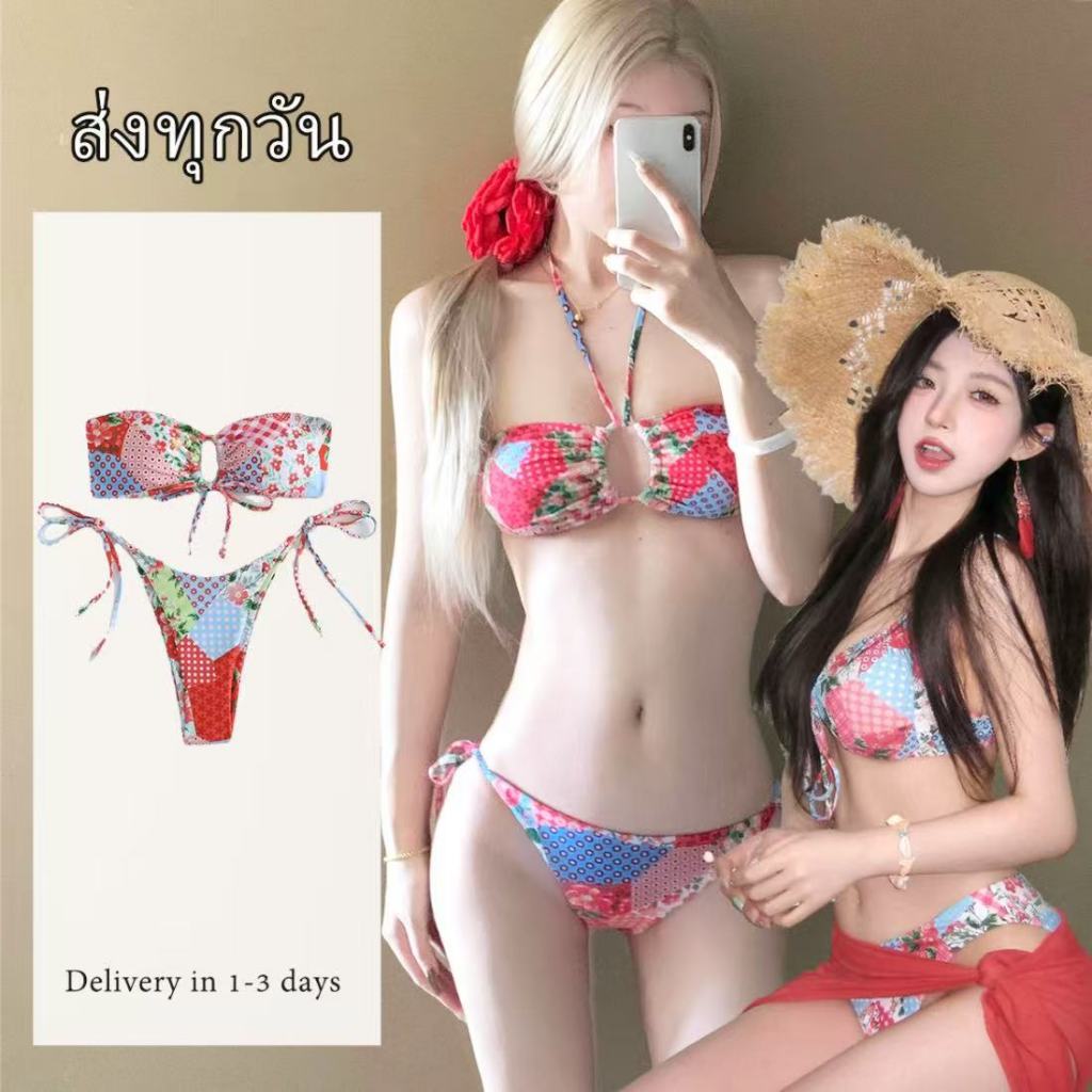 💖Sexy bikini ชุดว่ายน้ำบิกินี่สองชิ้น ลายดอกไม้ สูทสีแดง ชุดว่ายน้ำชายหาดฤดูร้อน