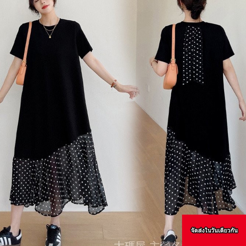 【จัดส่งในวันเดียวกัน】L-3XL ชุดขนาดใหญ่ผ้าฝ้ายสีดำเย็น + กระโปรงชีฟองลายจุดที่มีน้ำหนักเบาและอ่อนนุ่มฤดูร้อนแขนสั้นขนาดใหญ่เสื้อผ้าผู้หญิง