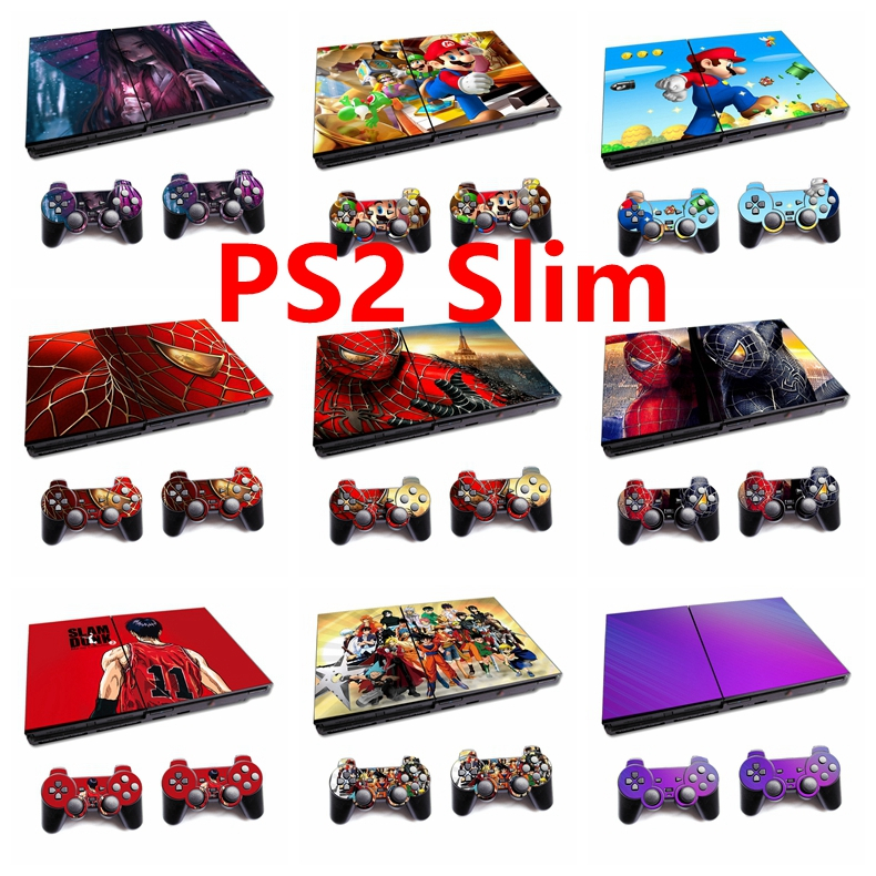 สติกเกอร์ผิว 16 สีใช้งานร่วมกับ Sony Playstation 2 Slim ไวนิล Decal ชุดฟิล์มป้องกันสําหรับ PS2 Slim คอนโซลและ 2 ชิ้น Dualshock Controllers