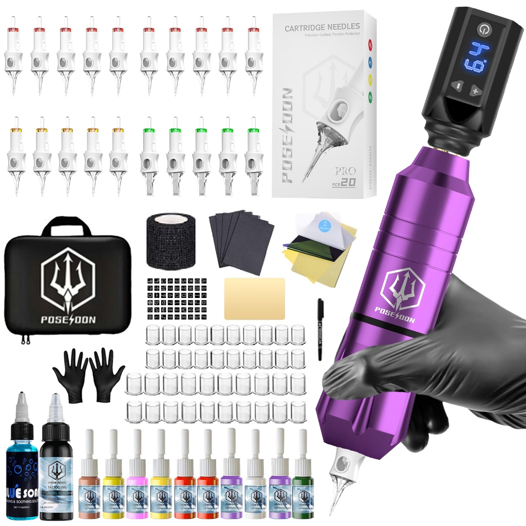 POSEIDON Tattoo Kit- เครื่องสักพร้อมเข็มตลับหมึกสัก 20 ชิ้นและแหล่งจ่ายไฟไร้สาย, อุปกรณ์สักสําหรับศิลปิน