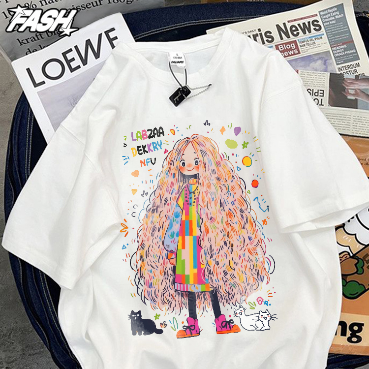 ออกแบบดั้งเดิม เสื้อยืดผู้หญิงแขนสั้น พิมพ์ลายการ์ตูนสาวผมฟู สไตล์เกาหลี เสื้อยืดคอตตอน ใหม่ล่าสุด เสื้อเบสิก สำหรับทุกวัน รุ่น YG260