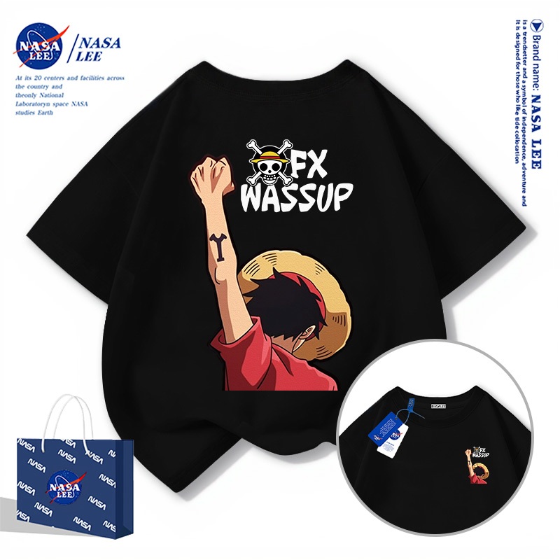 【จัดส่งภายใน 48 ชั่วโมง】เสื้อยืดแขนสั้นเด็ก NASA ผ้าฝ้ายดำคุณภาพสูง ลายวันพีซ (One Piece) สไตล์เท่ๆ ใส่ได้ทั้งเด็กชายและเด็กหญิง