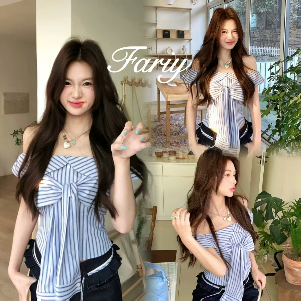 Fariy🍒คลังสินค้าพร้อม🍒 เสื้อสายเดี่ยวสีฟ้าสำหรับผู้หญิง สไตล์ซัมเมอร์ใหม่ แขนสั้น เข้ารูป สไตล์เกาหลี เสื้อเชิ้ตแนวชิคๆ