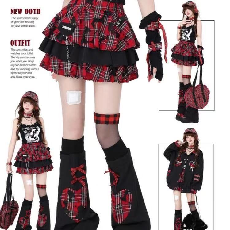 พังก์ร็อคสาวเผ็ดวัฒนธรรมย่อย ย2เค ตารางสีแดงสาวเผ็ดครึ่งร่างกายเค้กกระโปรงสั้น