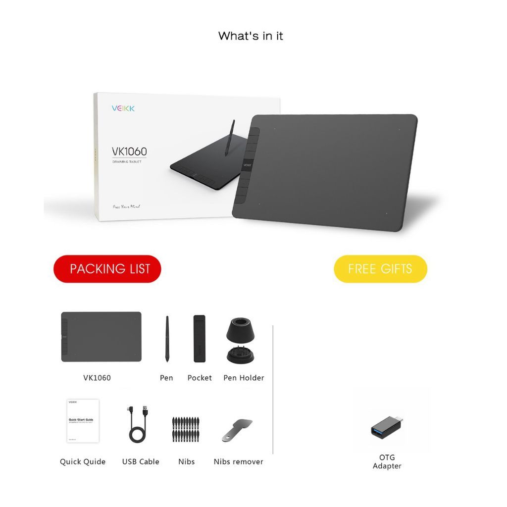 (Veikk Official Store) Veikk แท็บเล็ตวาดภาพพร้อมแบตเตอรี่ 8 สไตลัส รุ่น Vk1060 รองรับ 10X6 นิ้ว สําหรับ Android Windows Macos