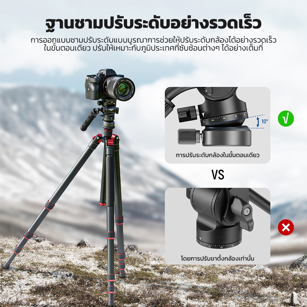 NEEWER GM27 หัวของเหลวขาตั้งกล้องขนาดกะทัดรัดพร้อมฐานปรับระดับจานและที่จับ QR ราคา ถูกที่สุด ดีลบีเคเค แกลเลอรีภาพที่ 2