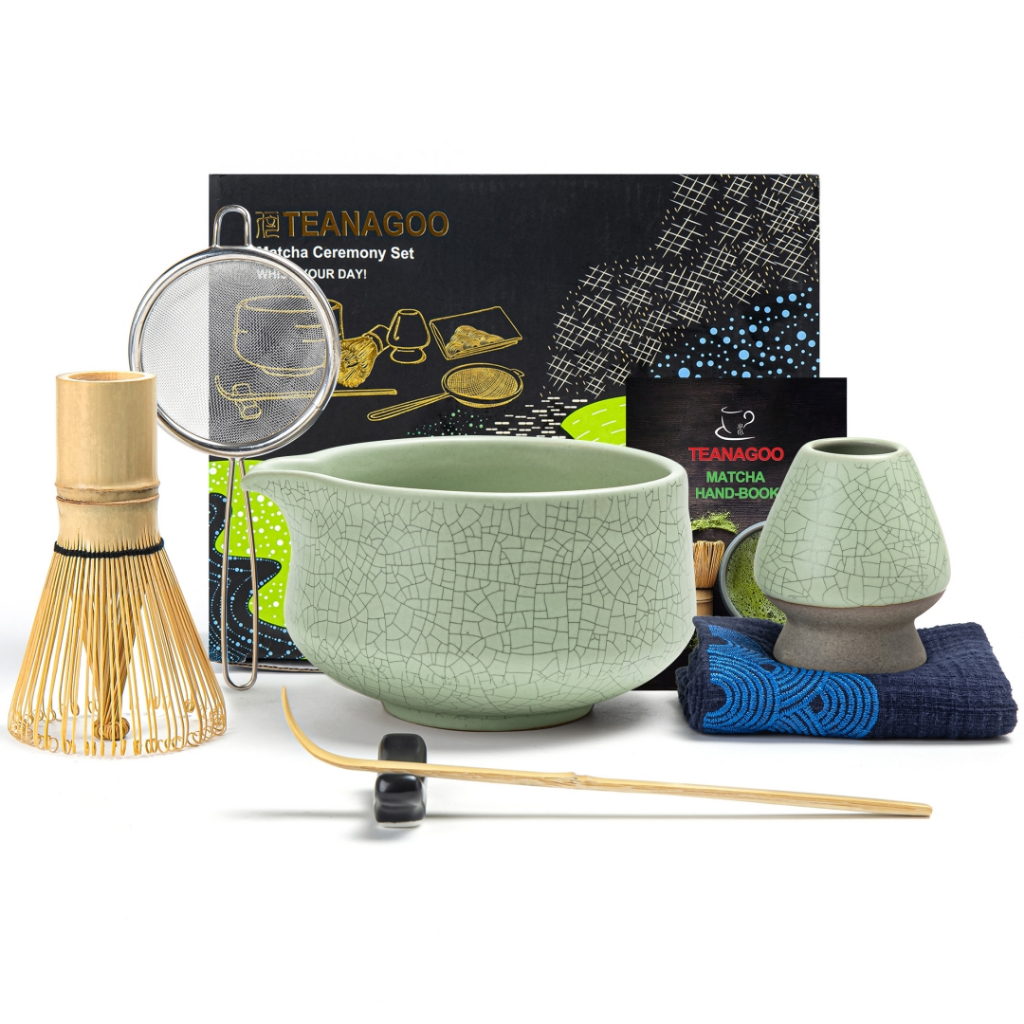 TEANAGOO Matcha Whisk Set สีเขียว,7 ชิ้น Matcha Set,Matcha Kit สําหรับพิธี,ชุดน้ําชามัทฉะสําหรับทําอาหารเช้า/ลาเต้,Green Matcha Bowl(Cwan) whith Spout และ WhiskN38