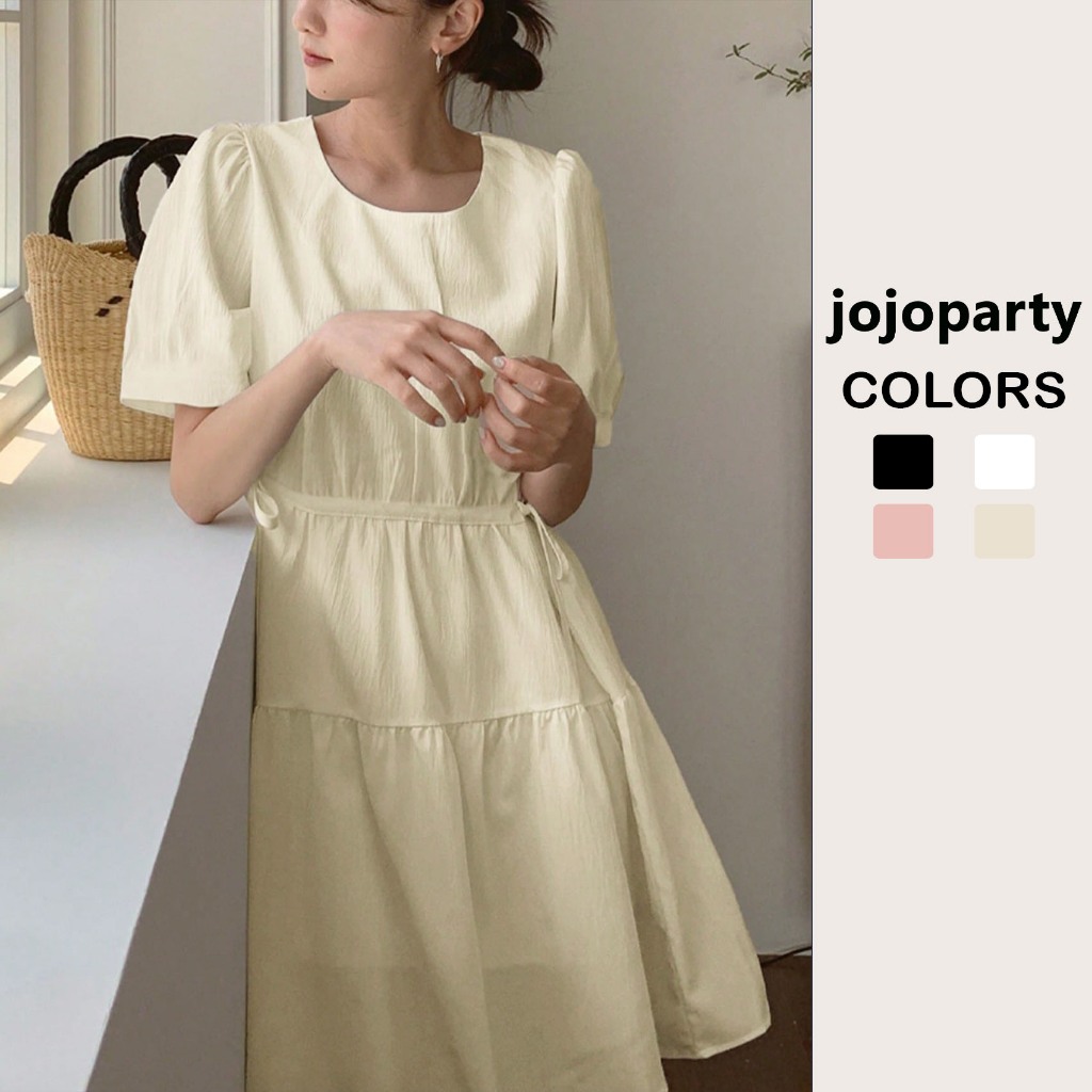 【jojoparty】 ญี่ปุ่นรอบคอบวกไหล่แขนสั้นเดรสสีทึบสายรัด สายลาก เอวลมที่เรียบง่ายกระโปรงสั้น