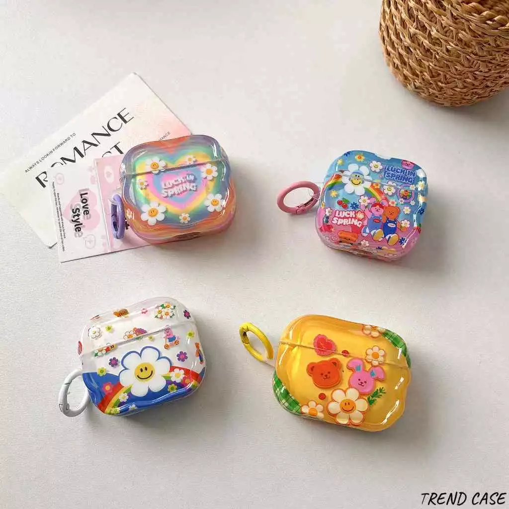 การ์ตูนกระต่ายหมีสายรุ้งหูฟังสําหรับ AirPods 3 Pro 2 AirPods 4 ฝาครอบป้องกัน Soft Case พวงกุญแจ