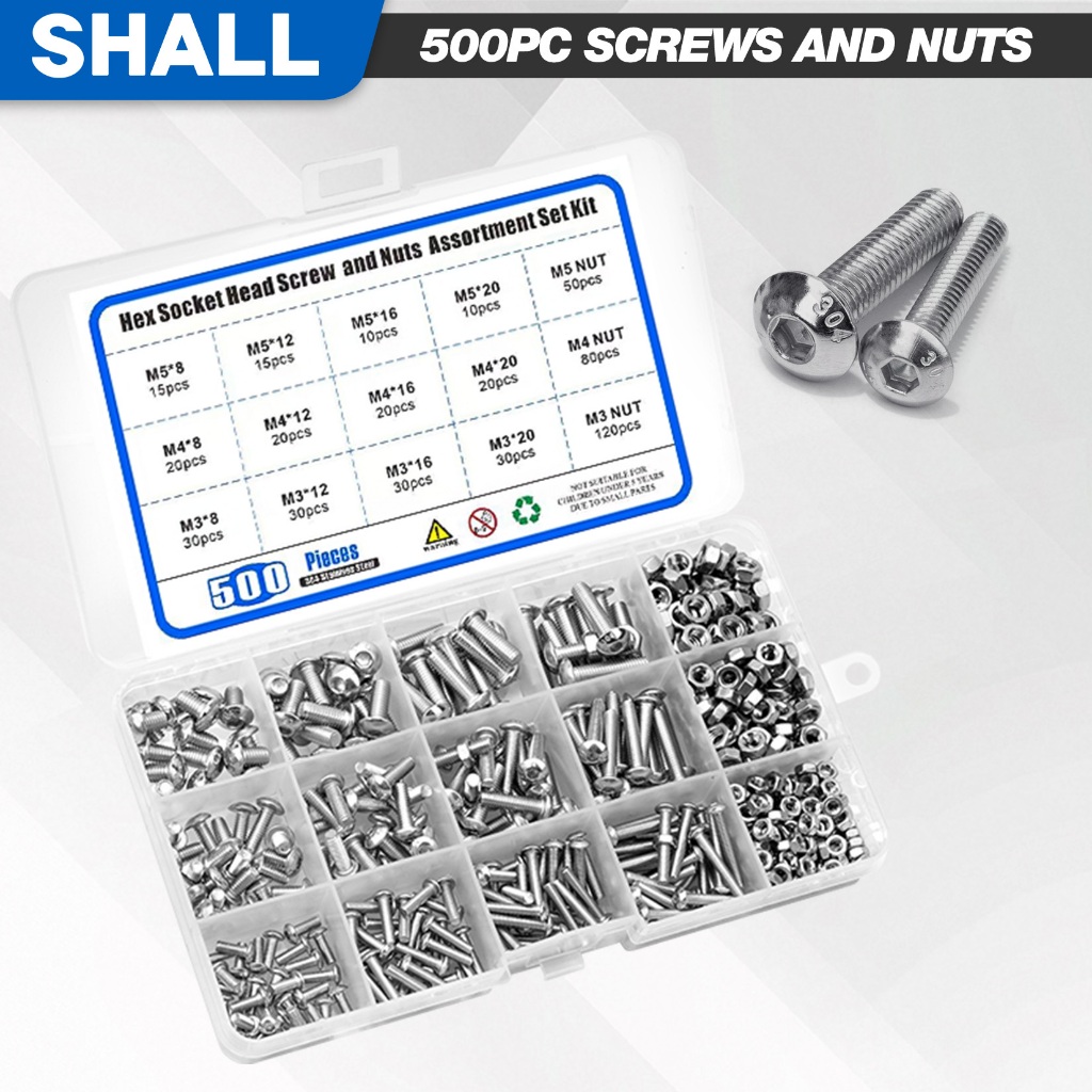 Shall 500 ชิ้น น๊อตสกรู ชุดสกรู ตะปูเกลียว สกรูงานไม้ สกรูยิงไม้ น็อต m3 m4 ชุดพร้อมเครื่องซักผ้า น็อตสแตนเลส