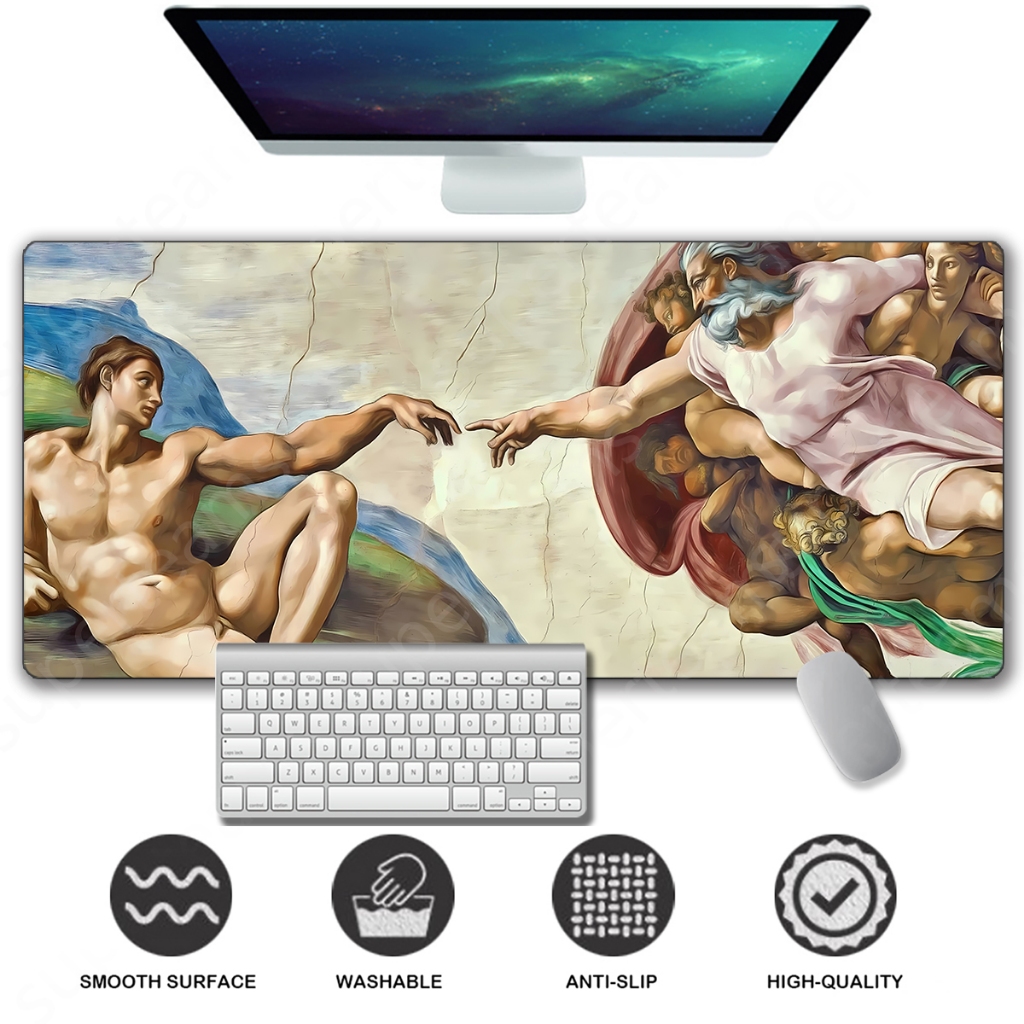 Michelangelo Creation Of Adam แผ่นรองโต๊ะขนาดใหญ่พิเศษ, Renaissance Art แผ่นรองเมาส์ขยายแผ่นรองเม้าส์สําหรับเล่นเกมขนาดใหญ่เย็บขอบ Deskpad Deskmat