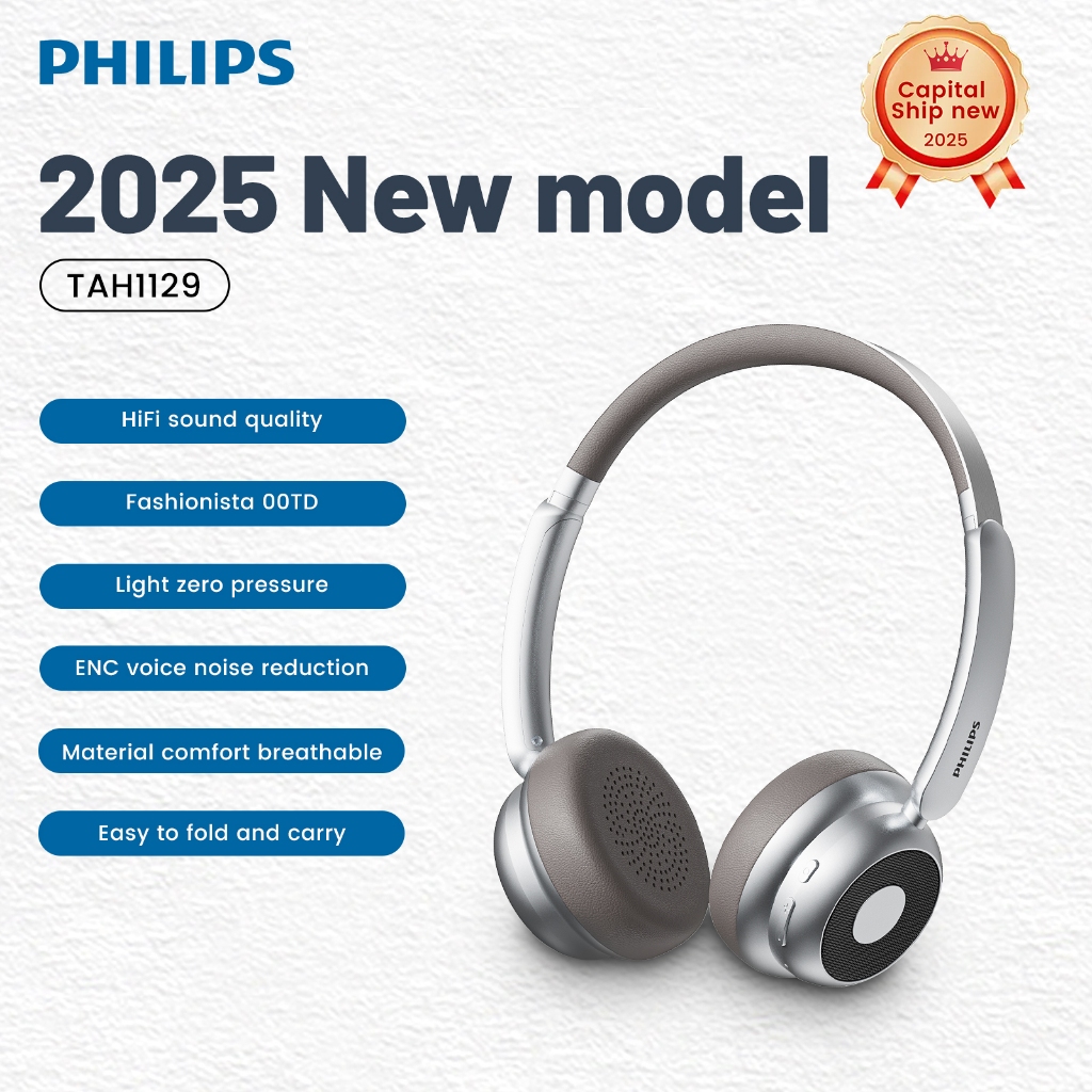 Philips TAH1129 หูฟังบลูทูธแบบครอบหู - Retro Styled High-Design Wireless Noise-Cancelling Headphones เข้ากันได้กับโทรศัพท์และพีซี 2025 รุ่นใหม่
