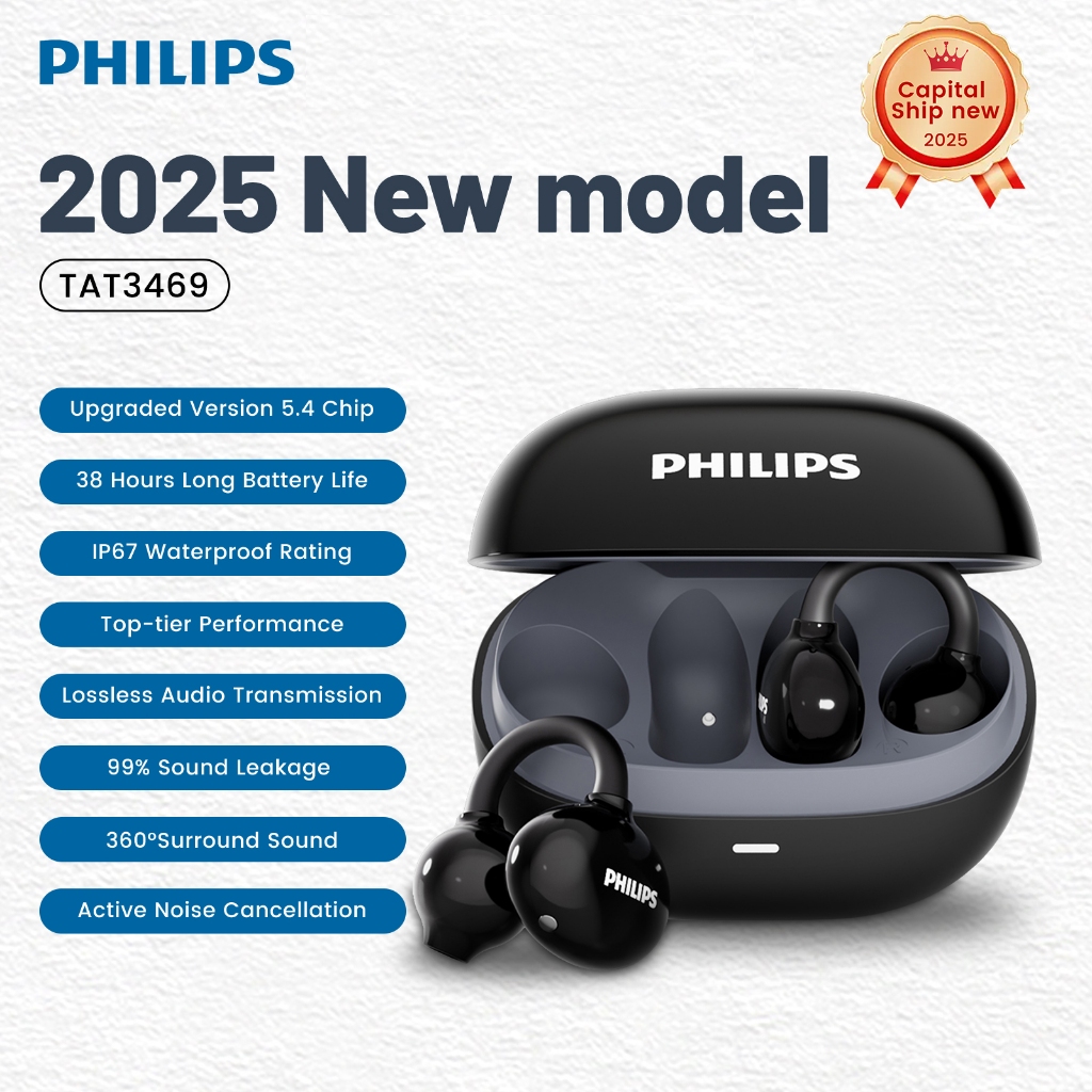 หูฟังบลูทูธ Philips TAT3469 5.4 Wireless Air-Bone Conduction หูฟังสําหรับวิ่งแบบสปอร์ตแบบไม่มีอินเอียร์ [รุ่นใหม่ 2025]