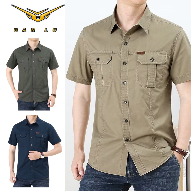 HANLU เสื้อยืดคอกลมแขนสั้นสีพื้นสำหรับผู้ชาย เทรนด์ฤดูร้อน พักผ่อนกลางแจ้ง ระบายอากาศได้ดี