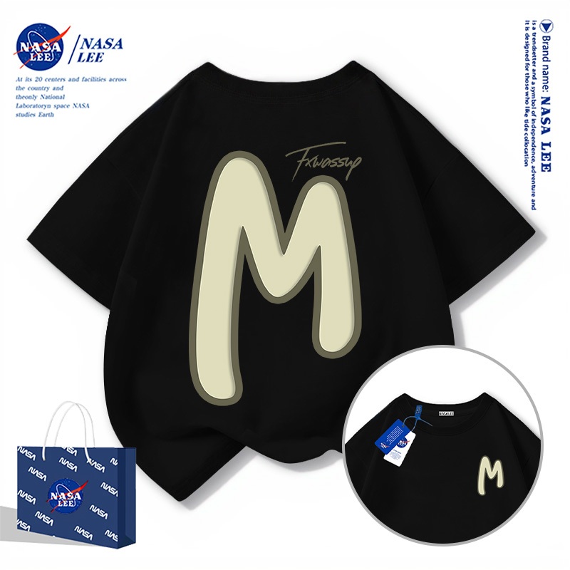 【จัดส่งภายใน 48 ชั่วโมง】เสื้อยืดแขนสั้นเด็ก NASA ผ้าฝ้ายดำคุณภาพสูง ลายตัวอักษร M สไตล์สตรีทแวร์สุดเท่